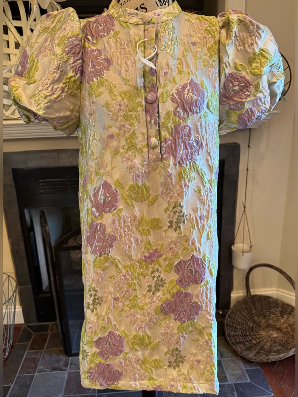 NWT Trish Scully Sophie Floral Brocade Shift Dress Small Puff Sleeve Jacquard